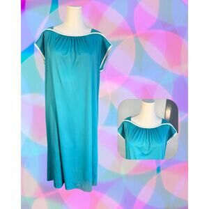 Volup Vintage 70s Sears Aqua White Trim Flowy Shift Lounge Dress 22 1/2
